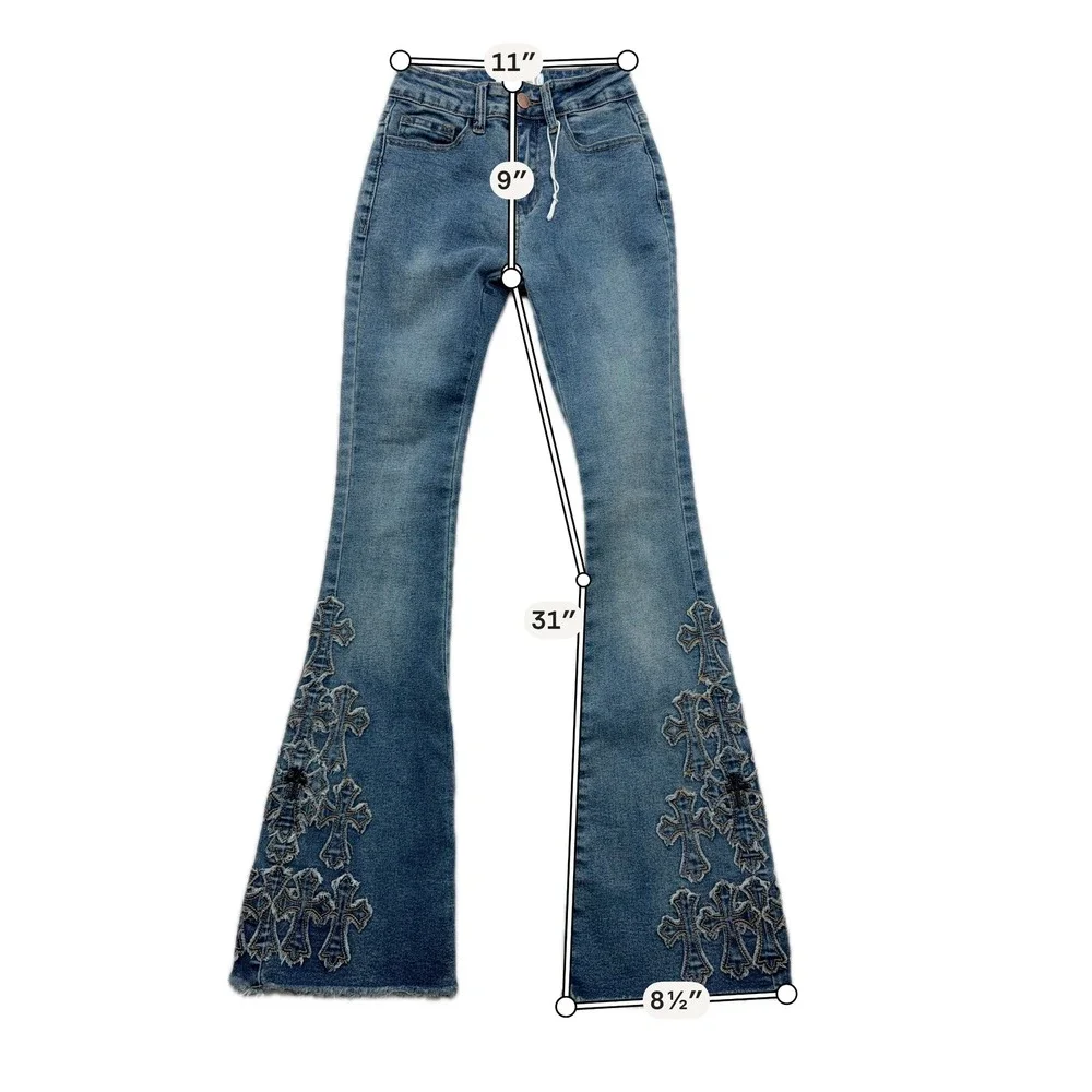 Bamboo Jeans Flare Pants Gothic Cross Appliqué Blue Denim Womens Size 00